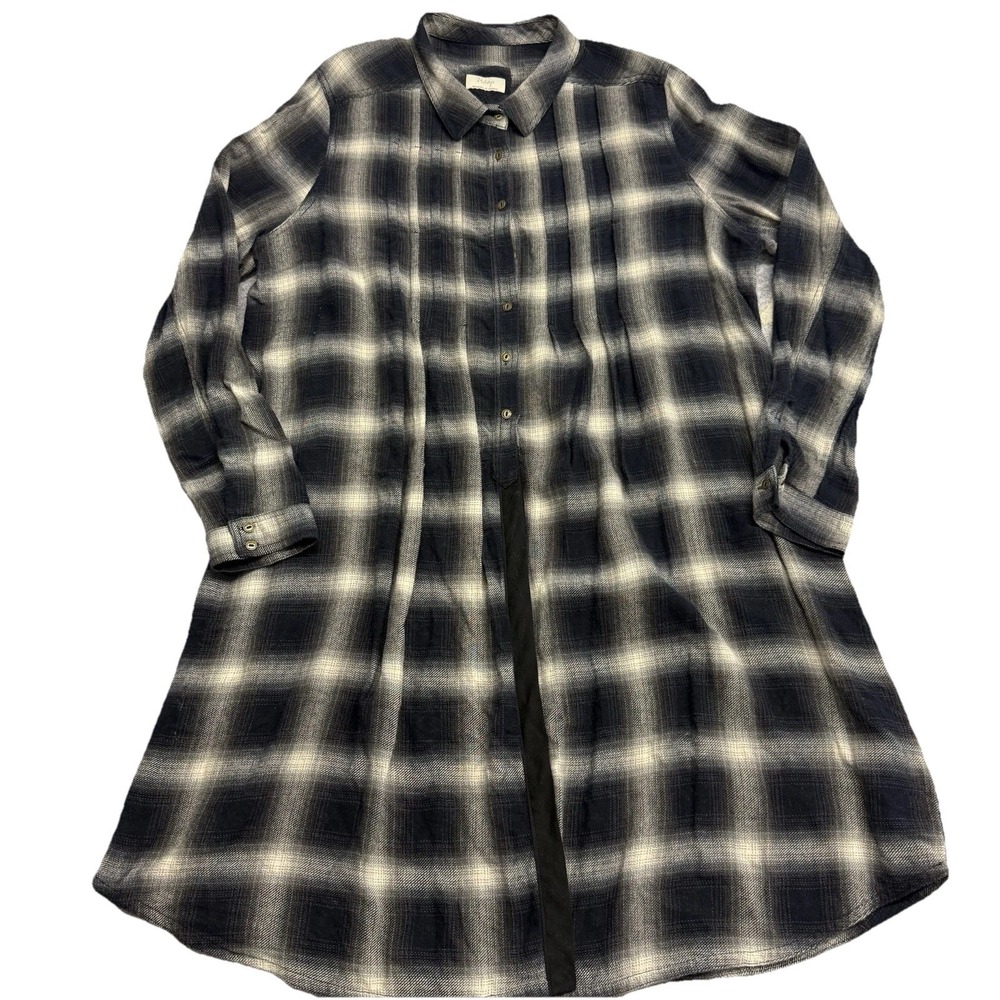 Wrap London Check Plaid Cotton Button Up Tunic Shirt Size US 18 Navy Blue